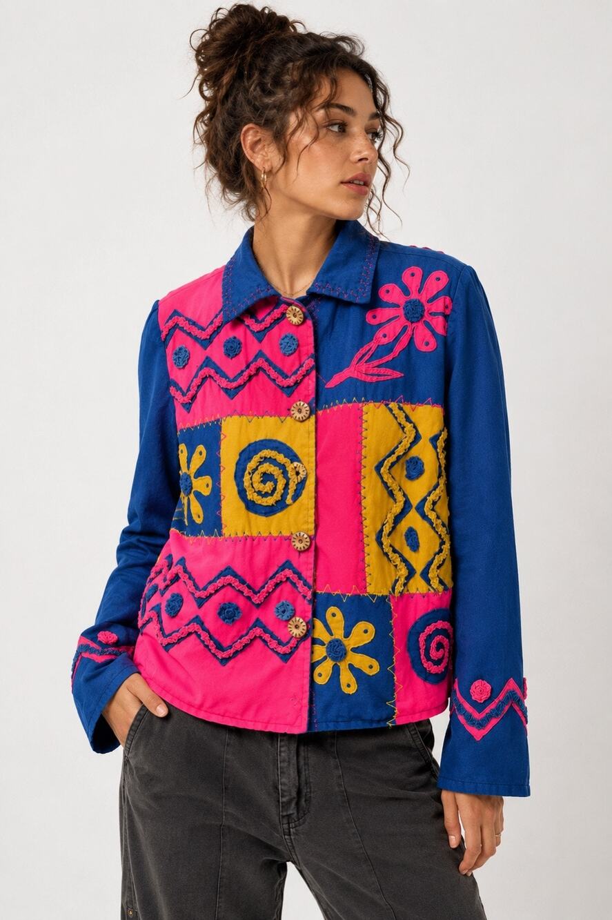 Alex Kin Whimsigoth Patchwork Embroidered Jacket 90s Artsy Boho